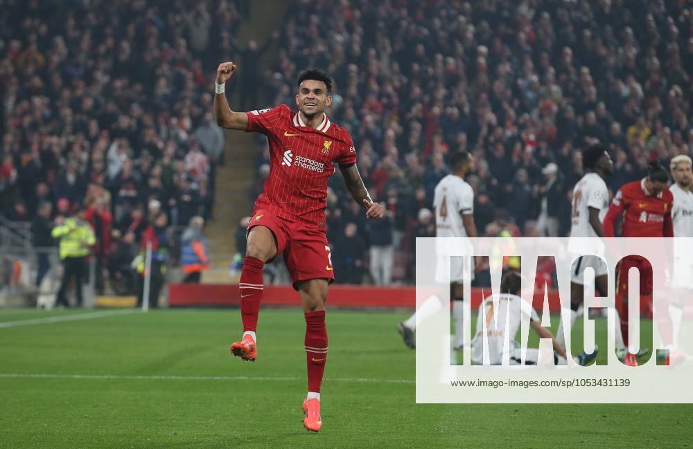 - Liverpool v Bayer 04 Leverkusen, UEFA Champions League, League Phase, Anfield Stadium, Liverpool, UK - 5th November 2024. Daniel Weir Crystal Pix GOAL 3-0, Luis Diaz of Liverpool goal celebration. - Liverpool v Bayer 04 Leverkusen, UEFA Champions League, League Phase, Anfield Stadium, Liverpool, UK - 5th November 2024. Daniel Weir Crystal Pix Liverpool Anfield Stadium UK