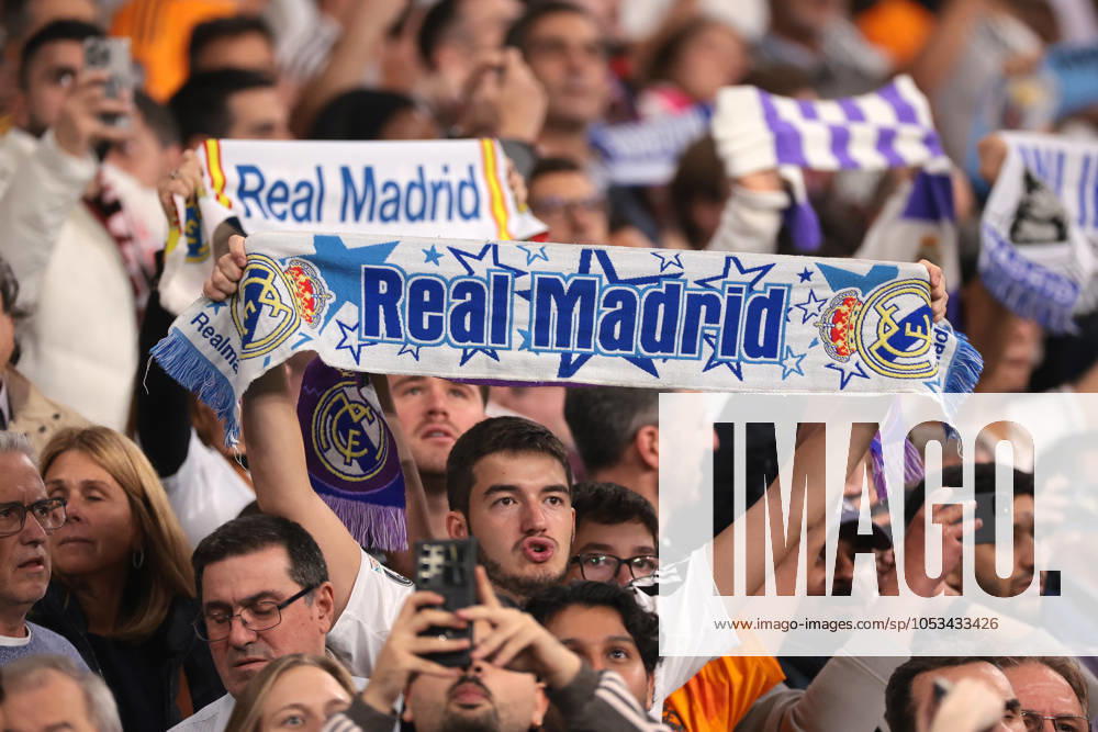 Madrid, Spain, 5th November 2024. Real Madrid fans hold aloft scarves prior to kick off in the UEFA Champions League match at the Santiago Bernabau, Madrid. Picture credit should read: Jonathan Moscrop Sportimage . SPI-3425-0055