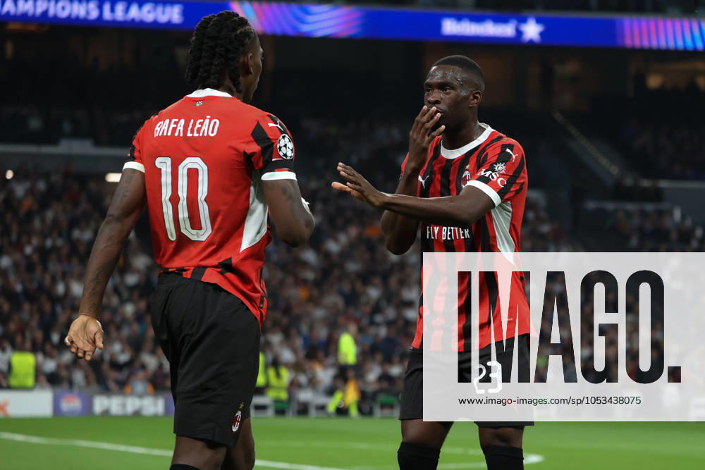 Real Madrid AC Milan UCL in Madrid, Spain - 05 Nov 2024 AC Milan s player Youssouf Fofana (23) celebrates a goal with his teammate Rafael Leao (10) during tonight s match played at the Santiago Bernabeu stadium. Real Madrid lost tonight by 1-3 against AC Milan in the UEFA Champions League in a match played at the Santiago Bernabeu stadium in Madrid. Madrid Spain