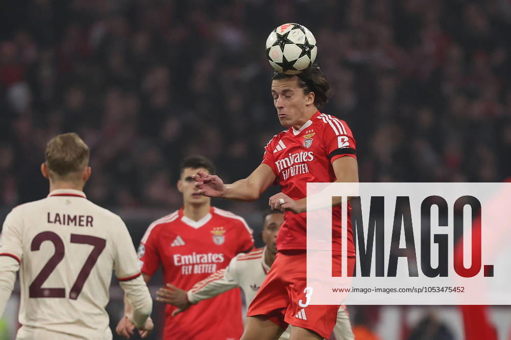 Munich, Alianz Arena UEFA Champions League 2024 25 on 6 11 2024 Matchday 4 FC Bayern Munich SL Benfica v l , Konrad Laimer FC Bayern Munich , Alvaro Fernandez Carreras S L Benfica header, header duel