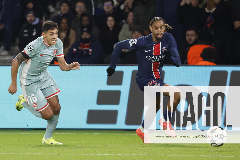 Football : PSG - Atletico Madrid (1-2). 6 Novembre 2024 - Paris, France : PSG vs Atletico Madrid dans la premiere phase de la Ligue des Champions de football. Atleico Madrid bat PSG 2-1. X (Paris en maillot bleu) contre Y (Atletico en maillot rbleu ciel) ici en action. (Photo Henri Szwarc Starface) 311231 2024-11-06 Paris France