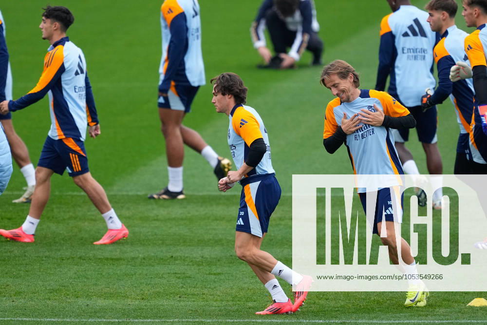 Fran Garcia and Luka Modric during the training day of Real Madrid ahead the Spanish League, LaLiga EA Sports, football match against CA Osasuna at Ciudad Deportiva Real Madrid on November 08, 2024, in Valdebebas, Madrid, Spain. Valdebebas SPAIN - ZUMAa181 20241108_zaa_a181_005
