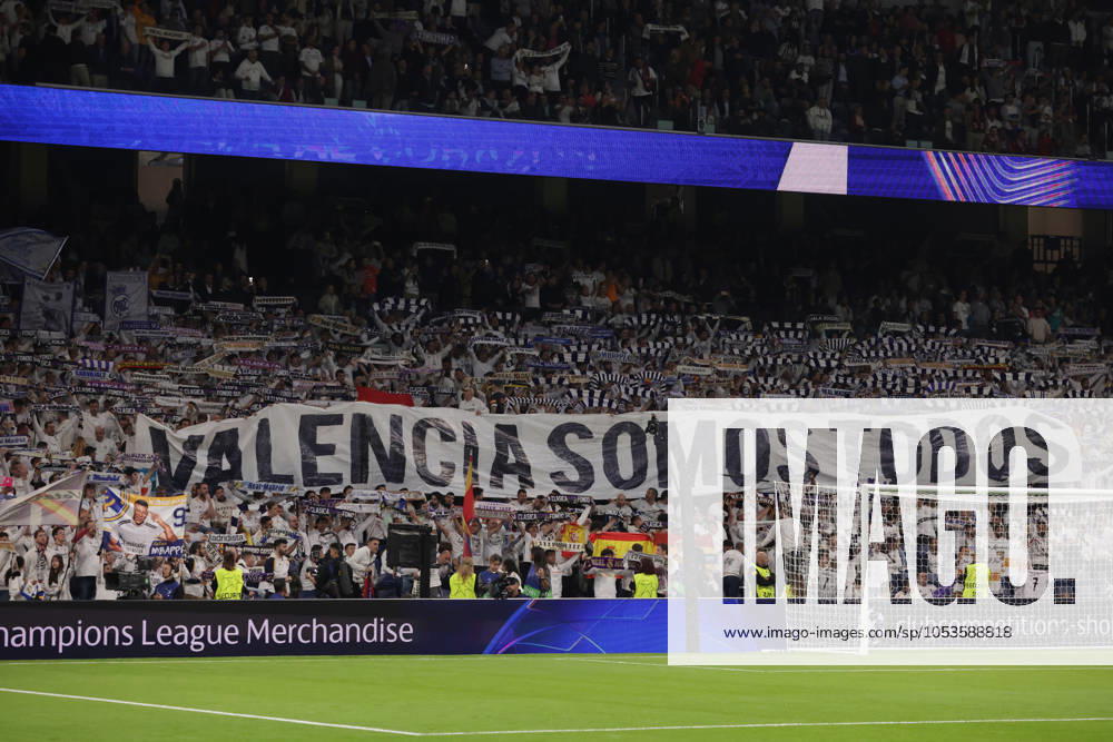 Madrid, Spain, 5th November 2024. Real Madrid fans unveil a banner bearing the Phrase We are all Valencia prior to kick off in the UEFA Champions League match at the Santiago Bernabau, Madrid. Picture credit should read: Jonathan Moscrop Sportimage . SPI-3425-0073
