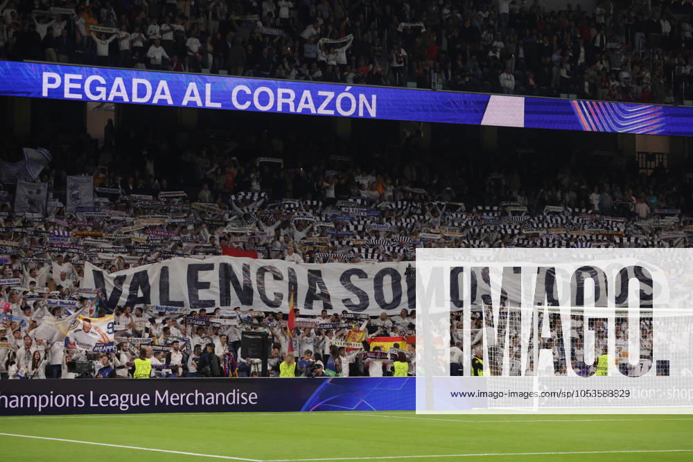 Madrid, Spain, 5th November 2024. Real Madrid fans unveil a banner bearing the Phrase We are all Valencia prior to kick off in the UEFA Champions League match at the Santiago Bernabau, Madrid. Picture credit should read: Jonathan Moscrop Sportimage . SPI-3425-0074