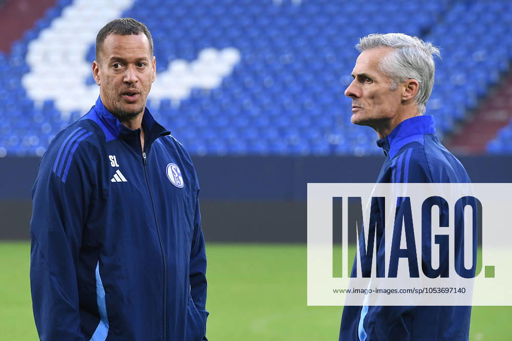 Soccer 2 Bundesliga Official photo session FC Schalke 04 04 11 2024 at the Veltins Arena in Gelsenkirchen Stephan Loboue Goalkeeper coach Schalke , left Kees van Wonderen Coach Head coach Schalke , right xRx