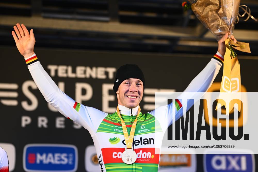Telenet Superprestige cyclocross Niel 2024 NIEL, BELGIUM - NOVEMBER 11 : Sweeck Laurens (BEL) of Crelan - Corendon during the podium Ceremony of the 3th leg of the men Elite Telenet Superprestige cyclocross series 2024-2025 in Niel, Belgium, 11 11 2024 Niel Belgium