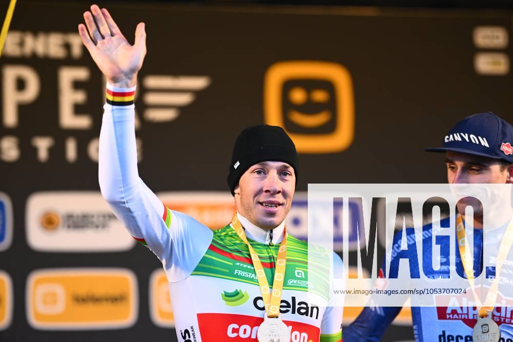 Telenet Superprestige cyclocross Niel 2024 NIEL, BELGIUM - NOVEMBER 11 : Sweeck Laurens (BEL) of Crelan - Corendon, Vandeputte Niels (BEL) of Alpecin-Deceuninck and Orts Lloret Felipe (SPA) of Ridley Racing Team during the podium Ceremony of the 3th leg of the men Elite Telenet Superprestige cyclocross series 2024-2025 in Niel, Belgium, 11 11 2024 Niel Belgium