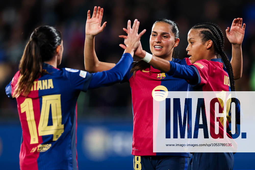 Barcelona, Spain, November 12th 2024: Francisca Nazareth Kika (18 FC Barcelona, Barca celebrates after scoring with Aitana Bonmati (14 FC Barcelona) and Vicky Lopez (19 FC Barcelona) during the UEFA Womens Champions League football match between FC Barcelona and SKN St Polten at the Johan Cruyff Stadium in Barcelona, Spain (Judit Cartiel SPP)