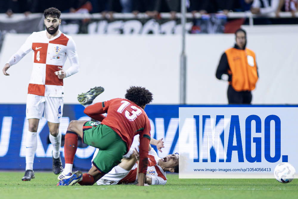 Nations League - League A, Group A1 - Croatia vs Portugal 1:1. - On photo Croatians Josko Gvardiol 4 and Ante Budimir 11 Andrej Kramaric 9 and Portuguese Renato Veiga 13. Split Croatia - ZUMALEAG 20241118_mda_p210_376