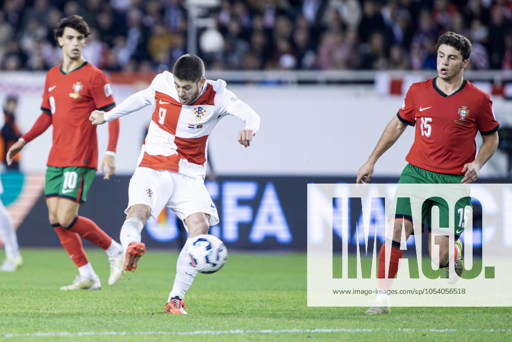 Nations League - League A, Group A1 - Croatia vs Portugal 1:1. - On photo Croatian Andrej Kramaric 9 and Portuguese Joao Felix 10 and Joao Neves 15. Split Croatia - ZUMALEAG 20241118_mda_p210_400