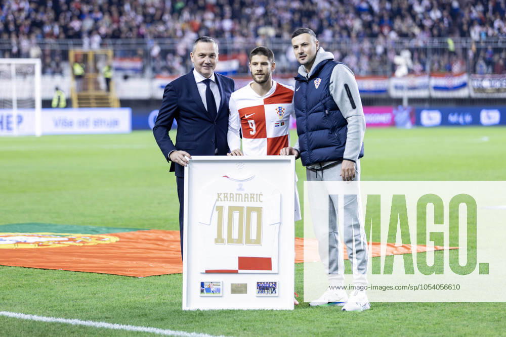 Nations League - League A, Group A1 - Croatia vs Portugal 1:1. - The President of the Croatian Football Federation Marijan Kustic and the member of the coaching staff Danijel Subasic presented Andrej Kramaric with a commemorative jersey for his 100 appearances for the national team, Nationalteam Split Croatia - ZUMALEAG 20241118_mda_p210_436