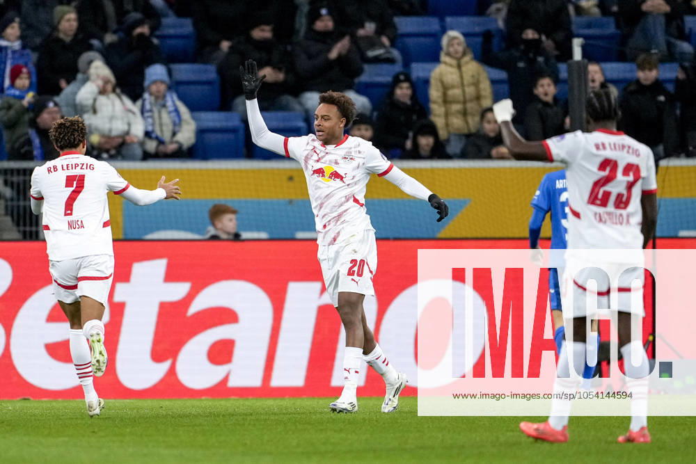 From left Antonio Nusa RBL, 7 , Assan Ouedraogo RBL, 20 , Castello Lukeba RBL, 23 , players of RB Leipzig, cheer about the goal to 2 3, jubilation, goal celebration, celebrate the goal, goal, celebration, cheers about the goal, rejoicing, joy, rejoices, optimistic, positive, game scene, highlight, action, 23 11 2024, Sinsheim Germany , Soccer, Bundesliga, TSG 1899 Hoffenheim RB Leipzig, DFB DFL REGULATIONS PROHIBIT ANY USE OF PHOTOGRAPHS AS IMAGE SEQUENCES AND OR QUASI VIDEO