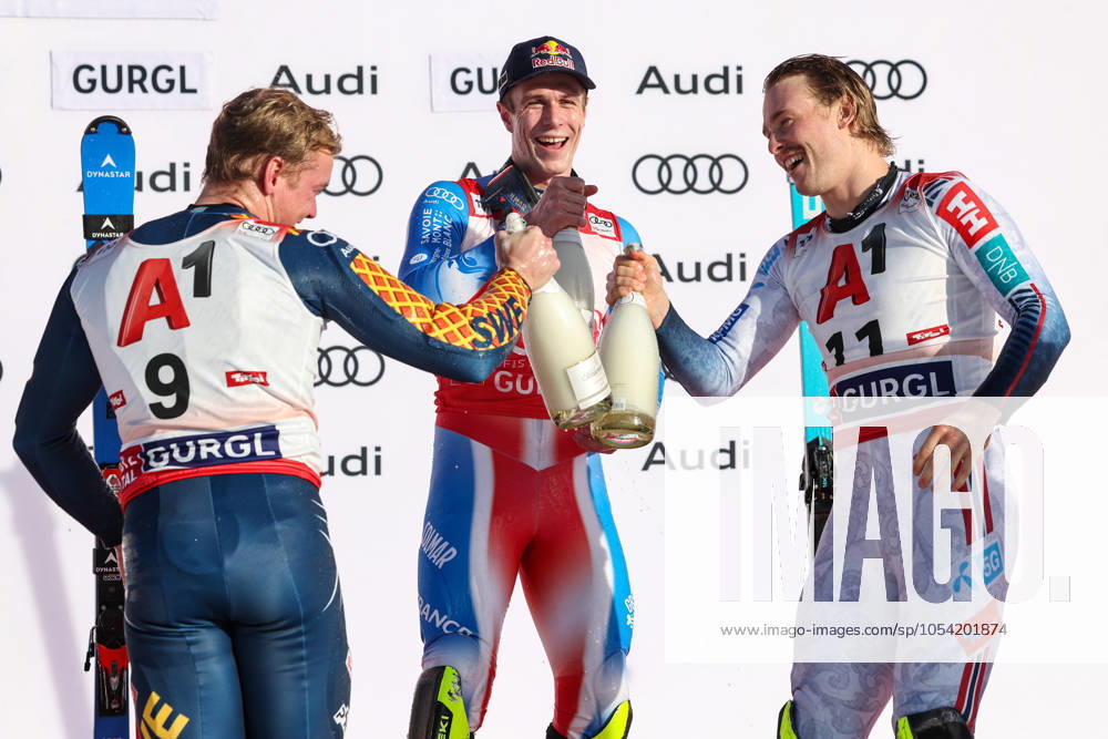 KW47 ALPINE SKIING - FIS WC Gurgl GURGL,AUSTRIA,24.NOV.24 - ALPINE SKIING - FIS World Cup, slalom, men. Image shows the rejoicing of Kristoffer Jakobsen (SWE), Clement Noel (FRA) and Atle Lie McGrath (NOR).. GEPAxpictures xPatrickxSteiner