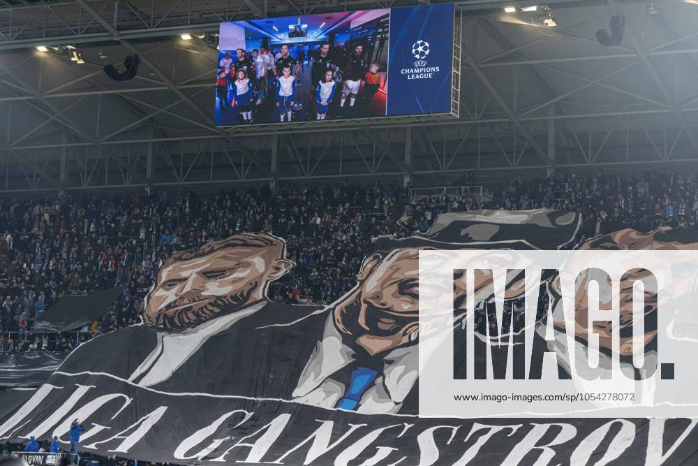 SK SLovan Bratislava fans choreo during UEFA Champions league match, SK Slovan Bratislava - AC Milan , 26. november 2024, Tehelne pole Stadium, Bratislava, Slovakia