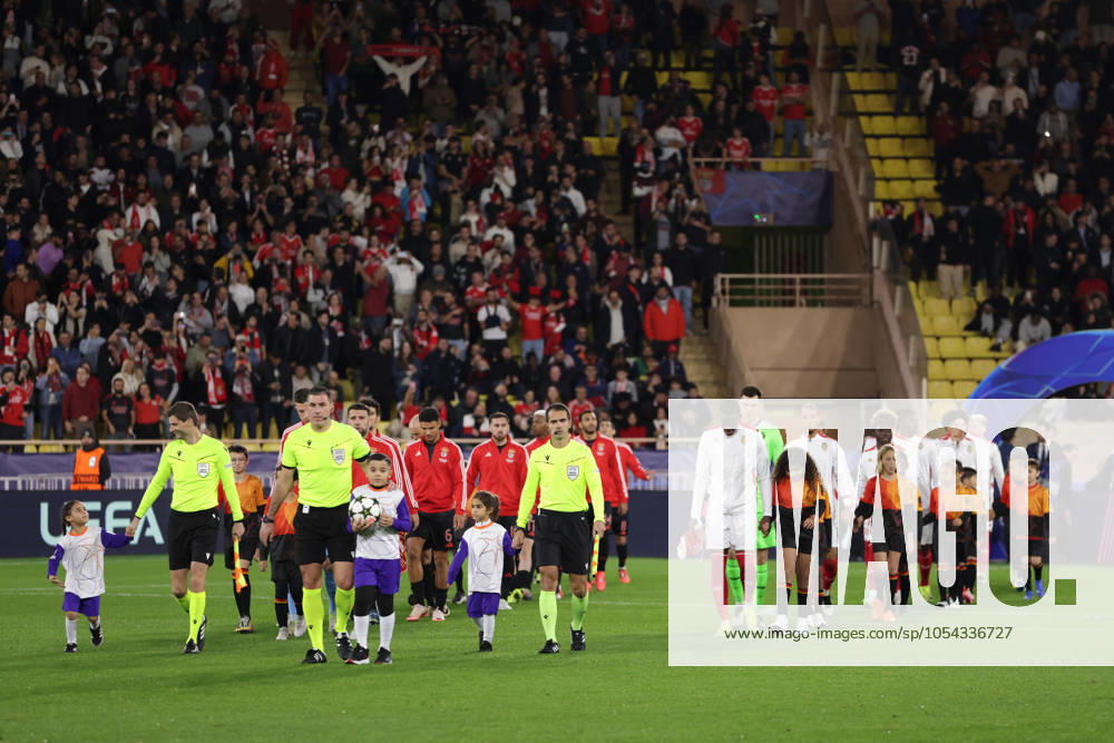 Monaco, Monaco, 27th November 2024. The Referee Rade Obrenovic of Slovenia leads out the teams along with his assistants Jure Prapotnik and Grega kordez also of Slovenia prior to kick of in the UEFA Champions League match at Stade Louis II, Monaco. Picture credit should read: Jonathan Moscrop Sportimage . SPI-3477-0111