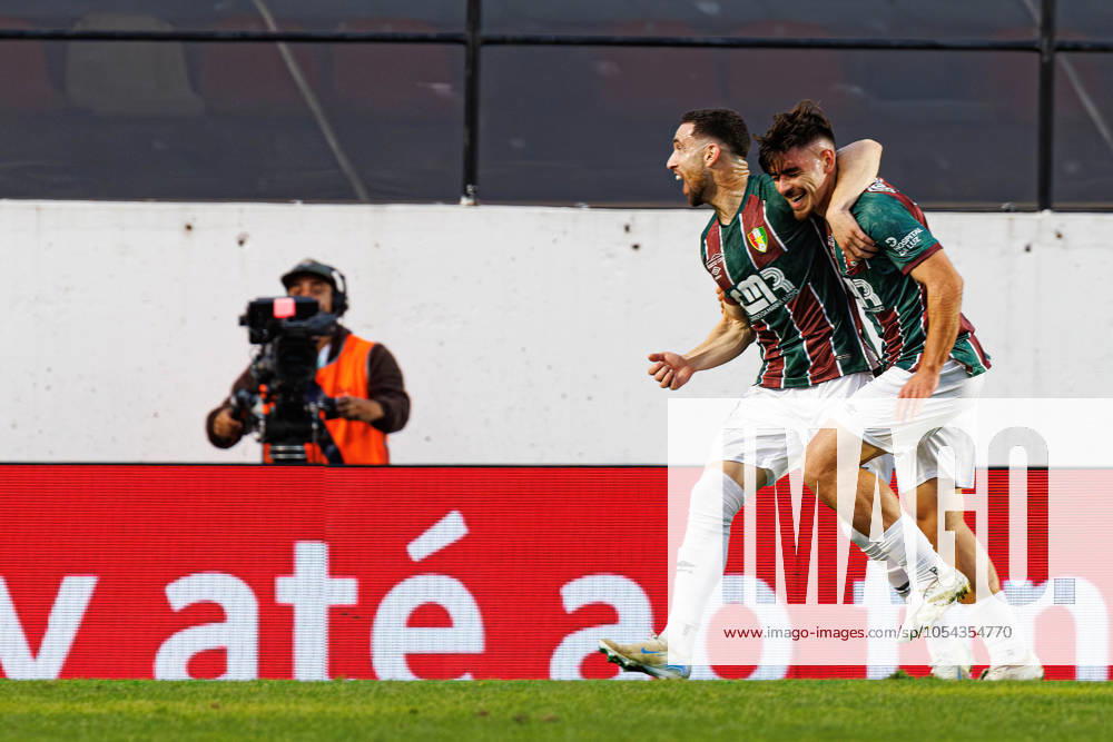 CF Estrela Amadora Vs CD Nacional in Amadora, Portugal - 10 Nov 2024 (L-R) Joao Kikas and Paulo Moreira (CF Estrela Amadora) seen celebrating a goal during the Liga Portugal game between teams of CF Estrela Amadora and CD Nacional at Estadio Jose Gomes. Final score; CF Estrela Amadora 2:0 CD Nacional Amadora Portugal