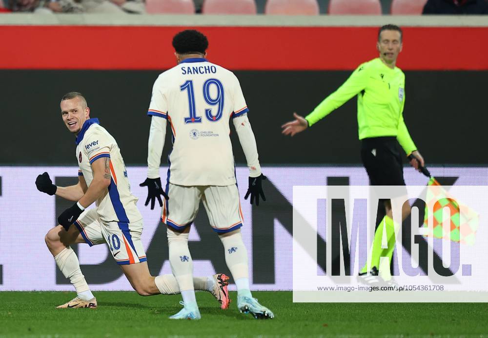 Mykhailo Mudryk of Chelsea celebrates scoring his sides second goal with team-mate Jadon Sancho Heidenheim v Chelsea, UEFA Conference League, Group Stage, Football, Voith-Arena, Heidenheim, Germany - 28 Nov 2024