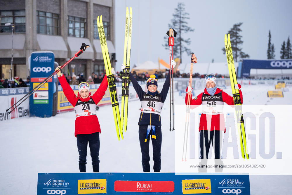 Therese Johaug of Norway, Frida Karlsson of Sweden and Astrid oyre Slind of Norway celebrate after competing in the women s 10km classic interval start during the FIS Cross Country World Cup on November 29, 2024 in Ruka Photo Kalle Parkkinen BILDBYRAN COP 211 KP0066 skidor cross country skiing langrenn bbeng women interval classic sverige norge jubel