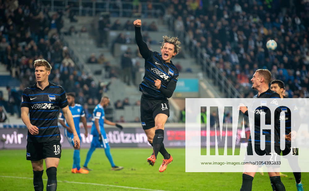 Soccer, Men, Season 2024 2025, 2 Bundesliga 14 Matchday , 1 FC Magdeburg Hertha BSC, f l Luca Schuler Hertha BSC , Fabian Reese Hertha BSC , Michael Cuisance Hertha BSC , Ibrahim Maza Hertha BSC , Celebration after goal to 1 3, 29 11 2024,