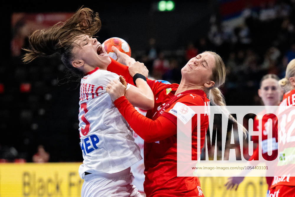 Basel, St Jakobshalle, Women s EHF Euro 2024 Denmark Croatia, 23 Katarina Pavlovic Croatia, left in action against 5 Sarah Iversen Denmark, right Basel St Jakobshalle Basel Switzerland