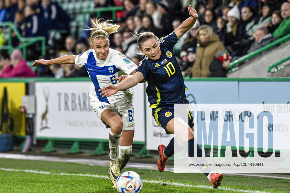 KW48 Scotland Women v Finland Women UEFA Women s Euros 2025 Qualifiers Kirsty Hanson of Scotland Women and Emma Koivisto of Finland Women battle for the ball during the UEFA Women s Euros 2025 Qualifiers Play-off Round Two First Leg match at Easter Road, Edinburgh UK Newspapers OUT