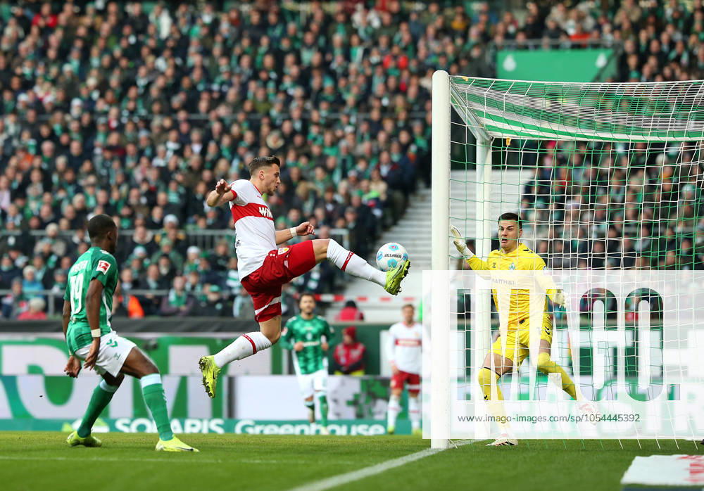 Bremen , Bundesliga SV Werder Bremen vs VfB Stuttgart , Goal for 1 1, L R Derrick Köhn Werder Bremen , Goalscorer Ermedin Demirovic VfB Stuttgart , Goalkeeper Michael Zetterer Werder Bremen In accordance with the regulations of the DFL German Football League, it is prohibited to use or have used photographs taken in the stadium and or of the match in the form of sequential images and or video-like photo series