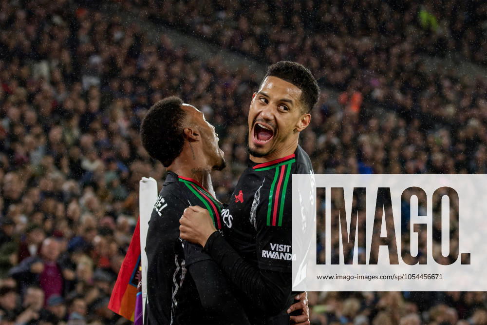 KW48 London, England, November 30 2024: Gabriel (6 Arsenal) celebrates his goal with William Saliba (2 Arsenal) during the Premier League game between West Ham and Arsenal at London Stadium in London, England. (Pedro Porru SPP)