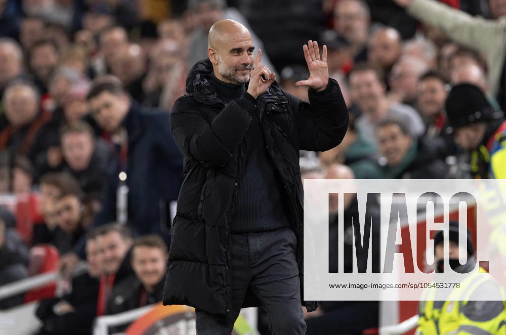 Liverpool FC v Manchester City FC - Premier League LIVERPOOL, ENGLAND - DECEMBER 1: Manchester City manager Pep Guardiola holds up six fingers to indicate the six premier league titles he has won after Liverpool fans sing You re Getting Sacked it in Morning during the Premier League match between Liverpool FC and Manchester City FC at Anfield on December 1, 2024 in Liverpool, England. Pep Guardiola Liverpool Anfield England United Kingdom