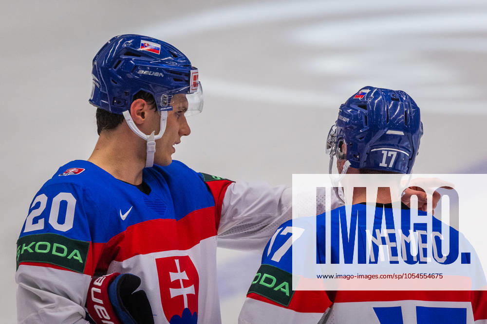 SLOVAKIA - FRANCE Juraj Slafkovsky and Simon Nemec of Slovakia during the group B game of the IIHF Ice hockey, Eishockey Eishockey World Championship, WM, Weltmeisterschaft Czechia Prague - Ostrava between Slovakia and France. Ostravar Arena, Ostrava, Czechia, May 18, 2024. PUBLICATION NOT IN SLOVAKIA