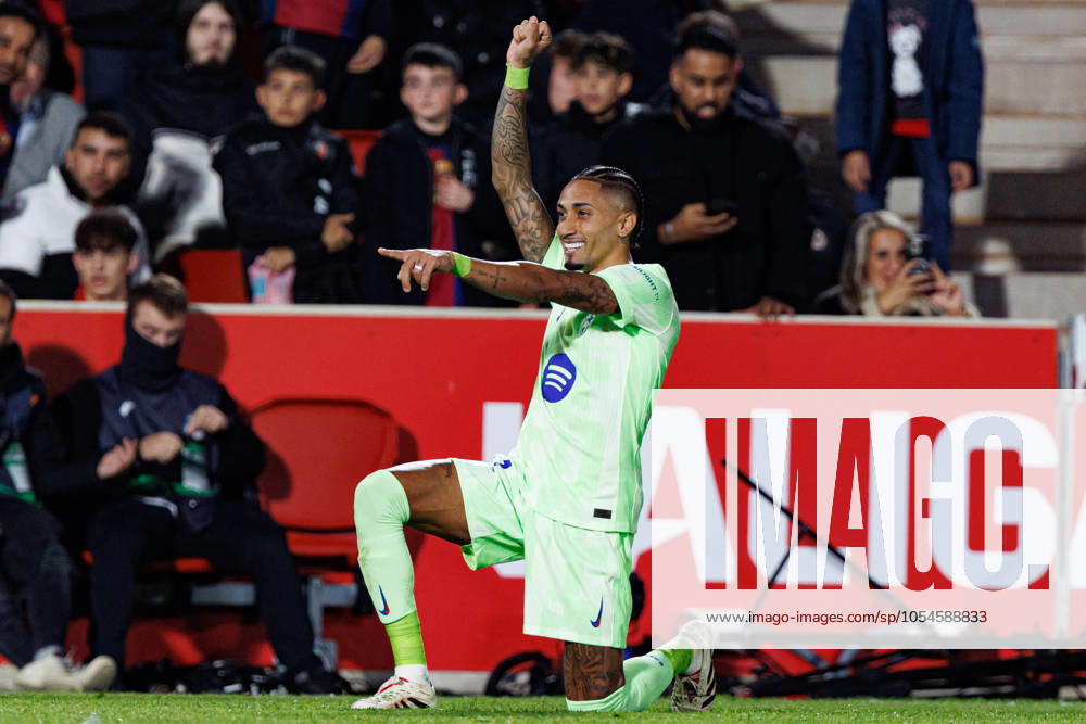 Raphinha seen celebrating after scoring goal during LaLiga EA SPORTS game between teams of RCD Mallorca and FC Barcelona, Barca (Maciej Rogowski) Palma De Mallorca Estadi Mallorca Son Moix Spain