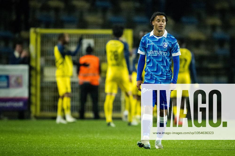 Gent s Momodou Lamin Sonko reacts during a soccer game between Royale Union Saint-Gilloise and KAA Gent, Wednesday 04 December 2024 in Brussels, in the 1 8 finals of the Croky Cup Belgian soccer cup. JASPERxJACOBS x107291897x
