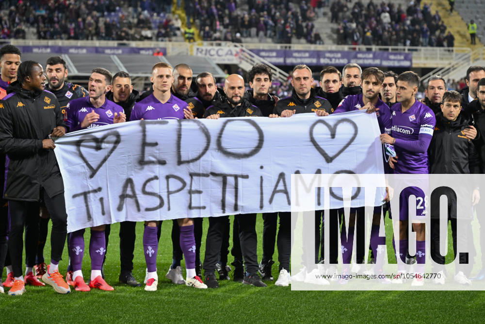ACF Fiorentina s team line-up with a banner for ACF Fiorentina s midfielder Edoardo Bove during ACF Fiorentina vs Empoli FC, Italian football Coppa Italia match in Florence, Italy, December 04 2024