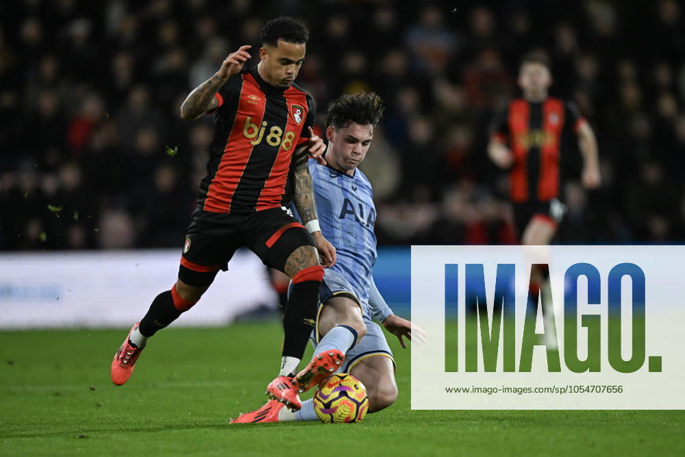 Bournemouth v Tottenham Hotspur Premier League Justin Kluivert of Bournemouth is tackled by Archie Gray of Tottenham Hotspur during the Premier League match at the Vitality Stadium, Bournemouth UK Newspapers OUT