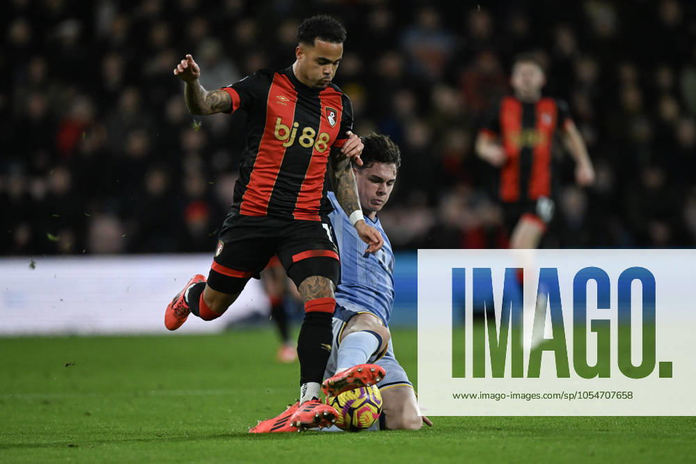 Bournemouth v Tottenham Hotspur Premier League Justin Kluivert of Bournemouth is tackled by Archie Gray of Tottenham Hotspur during the Premier League match at the Vitality Stadium, Bournemouth UK Newspapers OUT