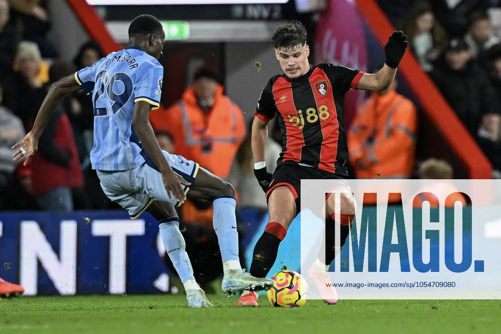 Bournemouth v Tottenham Hotspur Premier League Milos Kerkez of Bournemouth is tackled by Pape Matar Sarr of Tottenham Hotspur during the Premier League match at the Vitality Stadium, Bournemouth UK Newspapers OUT