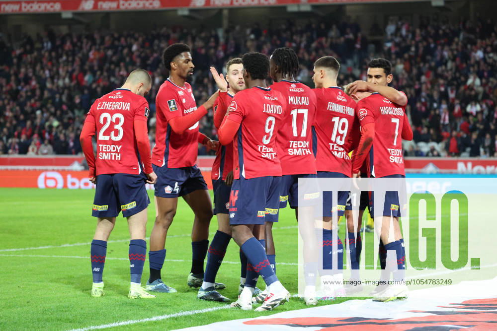 Joie des joueurs du LOSC apres le but de Hakon HARALDSSON (LOSC Lille) lors du match LOSC Lille vs Stade Brestois 29, Ligue 1, Decathlon Arena stade Pierre Mauroy, le 6 dà cembre 2024