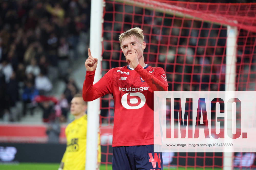 But et joie de Hakon HARALDSSON (LOSC Lille) lors du match LOSC Lille vs Stade Brestois 29, Ligue 1, Decathlon Arena stade Pierre Mauroy, le 6 dà cembre 2024