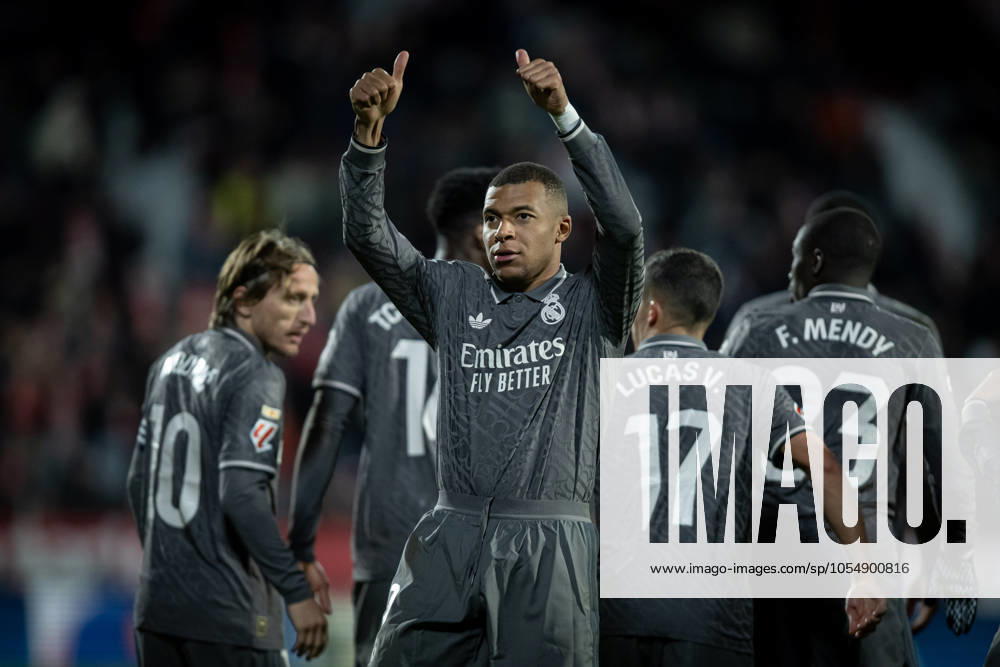 Killian Mbappà Real Madrid CF celebrates after scoring his team s goal with team mates during a La Liga EA Sports match between Girona FC and Real Madrid at Estadi Municipal de Montilivi in Girona, Girona, Spain, on December 07 2024 Photo by Felipe Mondino