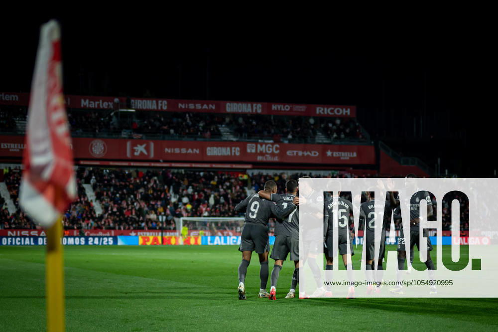 Killian Mbappe (Real Madrid CF) celebrates after scoring his team s goal with team mates during a La Liga EA Sports match between Girona FC and Real Madrid at Estadi Municipal de Montilivi in Girona, Girona, Spain, on December 07 2024. Photo by Felipe Mondino