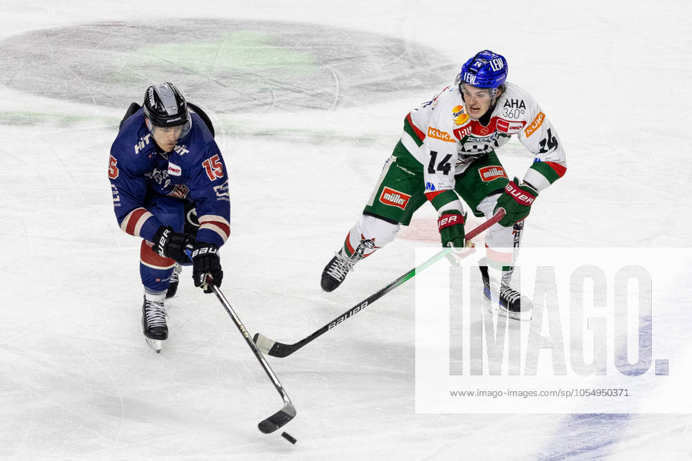 Donald D J Busdeker Augsburger Panther, 14 vs Louis Marc Aubry Koelner Haie, 15 Koelner Haie KEC vs Augsburger Panther AEV , Eishockey, Penny DEL, 24 Spieltag, 2024 2025, 08 12 2024 Koelner Haie KEC vs Augsburger Panther AEV , Eishockey, Penny DEL, 24 Spieltag, 2024 2025, 08 12 2024 Koeln