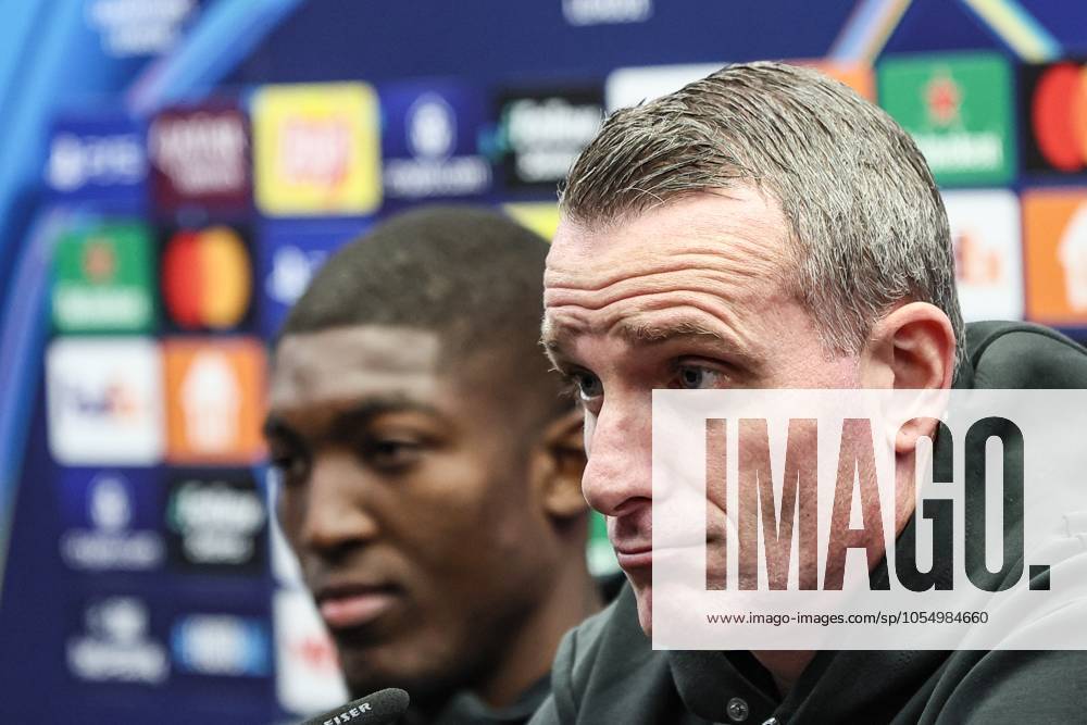 Club s Joel Ordonez and Club s head coach Nicky Hayen pictured during a press conference, PK, Pressekonferenz of Belgian Club Brugge KV, Monday 09 December 2024 in Brugge. Tomorrow, they will play against Portuguese club Sporting CP, on the sixth day of the UEFA Champions League league phase. BRUNOxFAHY x107762759x