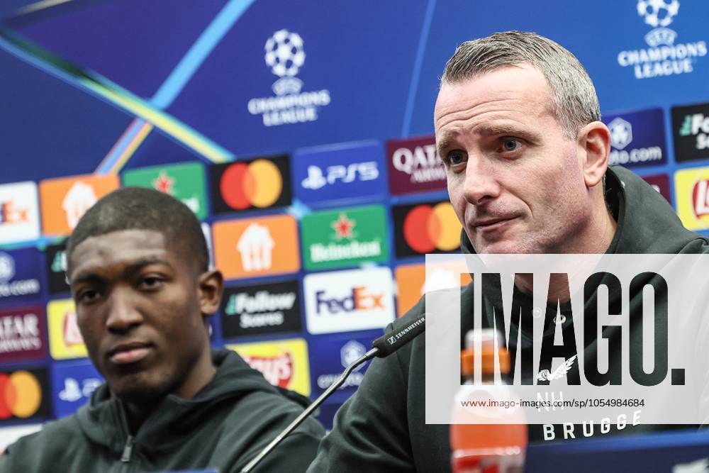Club s Joel Ordonez and Club s head coach Nicky Hayen pictured during a press conference, PK, Pressekonferenz of Belgian Club Brugge KV, Monday 09 December 2024 in Brugge. Tomorrow, they will play against Portuguese club Sporting CP, on the sixth day of the UEFA Champions League league phase. BRUNOxFAHY x107762956x
