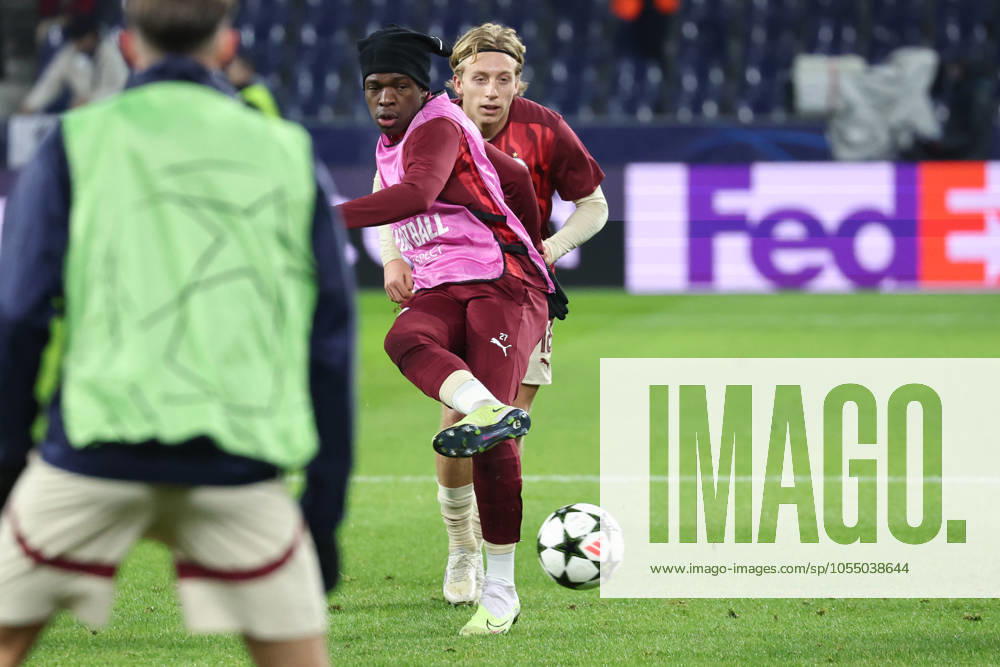 SOCCER - UEFA CL, RBS vs PSG SALZBURG,AUSTRIA,10.DEC.24 - SOCCER - UEFA Champions League, Red Bull Salzburg vs Paris Saint German. Image shows Lucas Gourna-Douath and Mads Bidstrup (RBS) during warm up. GEPAxpictures Geieregger
