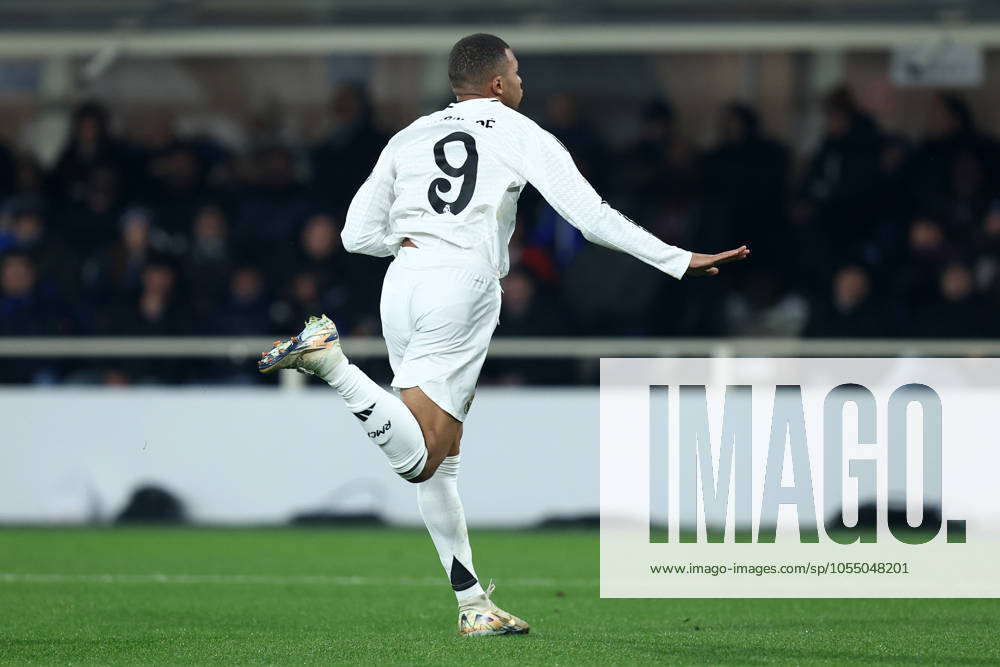 Kylian Mbappe (Real Madrid Cf) celebrates after scoring his team s first goal, UEFA Champions League 2024 25 League Phase MD1, Atalanta BC v Real Madrid C.F., Gewiss Stadium, December 10, 2024, Bergamo, Italy.