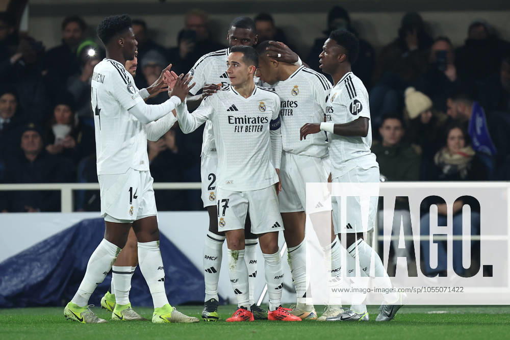 Kylian Mbappe (Real Madrid Cf) celebrates after scoring his team s first goal with team mates, UEFA Champions League 2024 25 League Phase MD1, Atalanta BC v Real Madrid C.F., Gewiss Stadium, December 10, 2024, Bergamo, Italy.