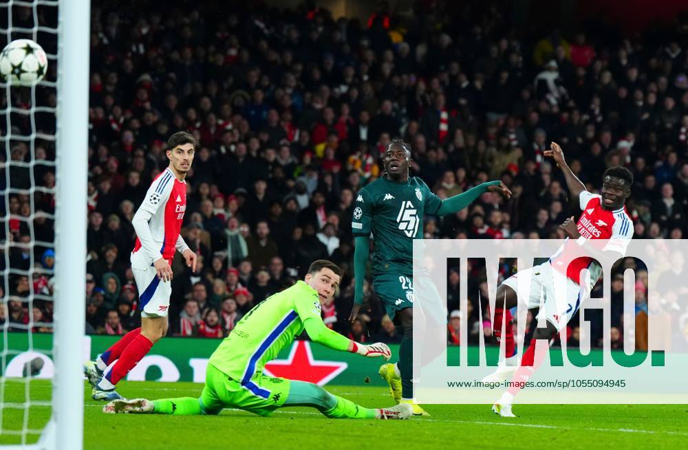 Bukayo Saka of Arsenal scores a goal to make it 2-0 Arsenal v Monaco, UEFA Champions League, Group Stage, Football, Emirates Stadium, London, UK - 11 Dec 2024