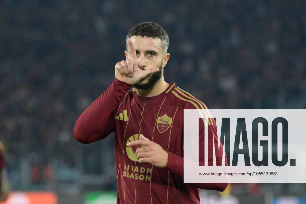 Romaâ??s Mario Hermoso celebrates after scoring the goal 3-0 during the UEFA Europa League 2024-2025 football match between AS Roma and SC Braga at the Olympic Stadium in Rome on December 12, 2024.