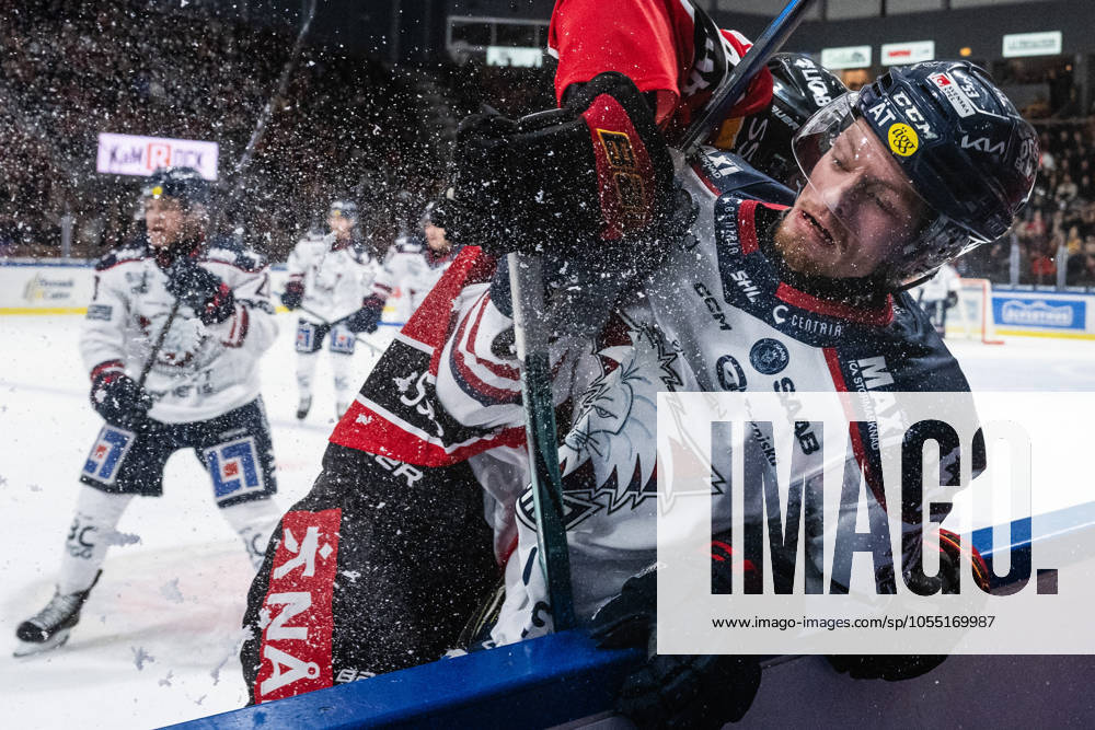 This picture is part of Bildbyrans selection of best sports photos from 2024 Originally published 241102 Adam Hofbauer of Linköping gets tackled during the SHL regular season game between Lulea and Linköping on November 2, 2024 in Lulea, Sweden Photo Simon Eliasson BILDBYRAN COP 159 SE0264 bbeng ishockey ice hockey shl svenska hockeyligan swedish hockey league lulea linköping topx