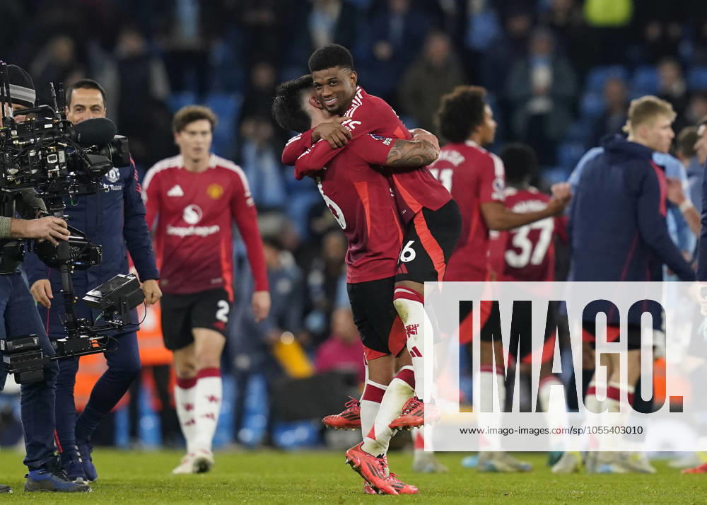 Manchester, England, 15th December 2024. Amad Diallo of Manchester United, ManU looks towards the fans to celebrate the win during the Premier League match at the Etihad Stadium, Manchester. Picture credit should read: Andrew Yates Sportimage . SPI-3541-0101