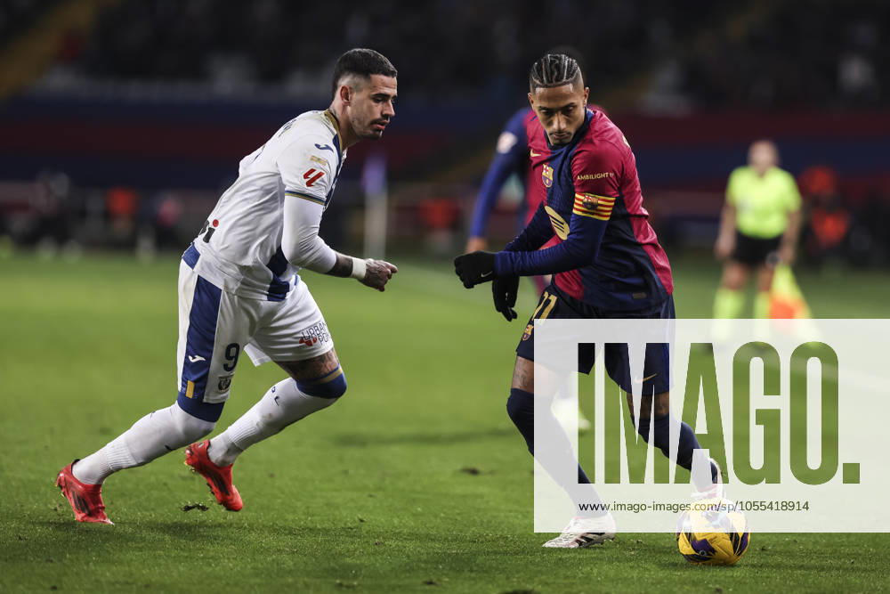 Raphinha Dias Belloli of FC Barcelona, Barca and Miguel De La Fuente of CD Leganes in action during the Spanish league, La Liga EA Sports, football match played between FC Barcelona and CD Leganes at Estadio Olimpico de Montjuic on December 15, 2024 in Barcelona, Spain. Barcelona SPAIN - ZUMAa181 20241215_zaa_a181_254